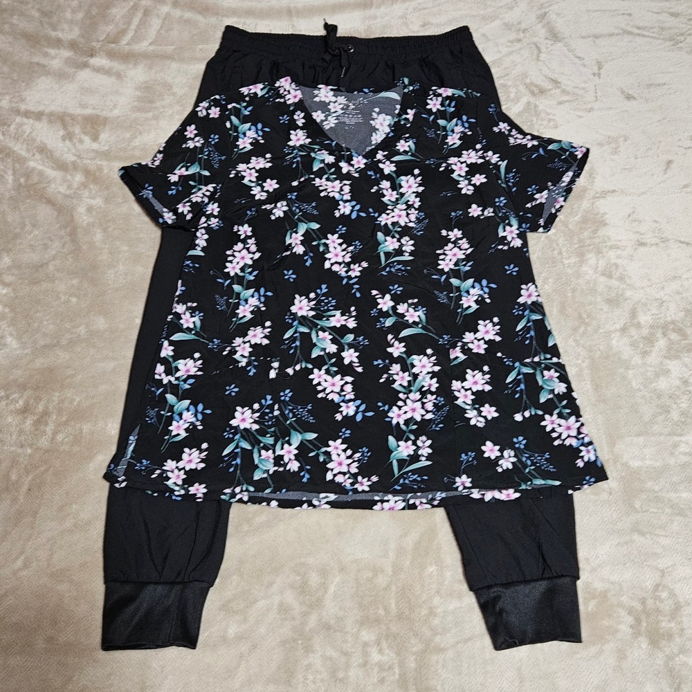 Womens Scrub Set Floral V-Neck Top Joggers Black L